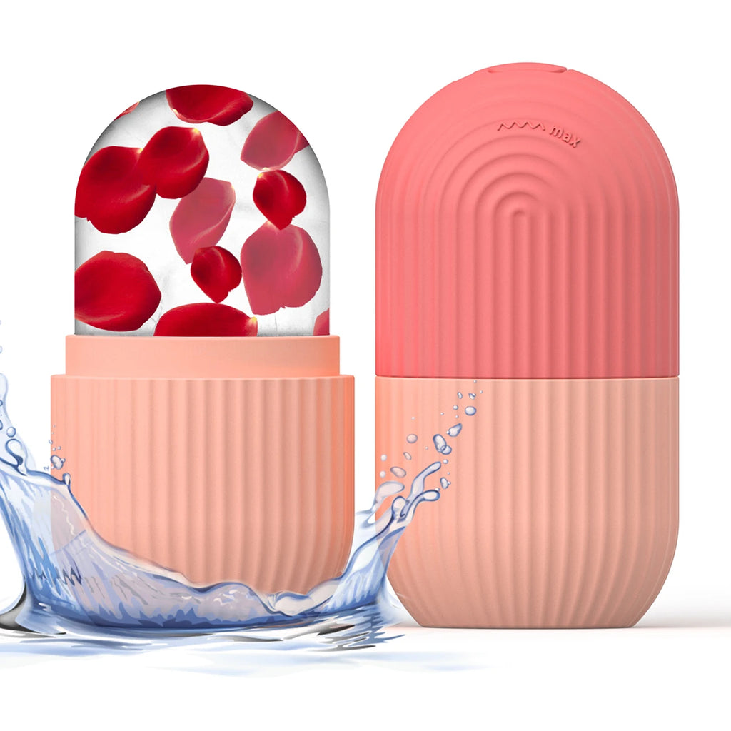 Ice Roller Gesicht aus Silikon in Rosé mit gefrorenem Rosenwasser und Früchten – Eiswürfelform mit Deckel