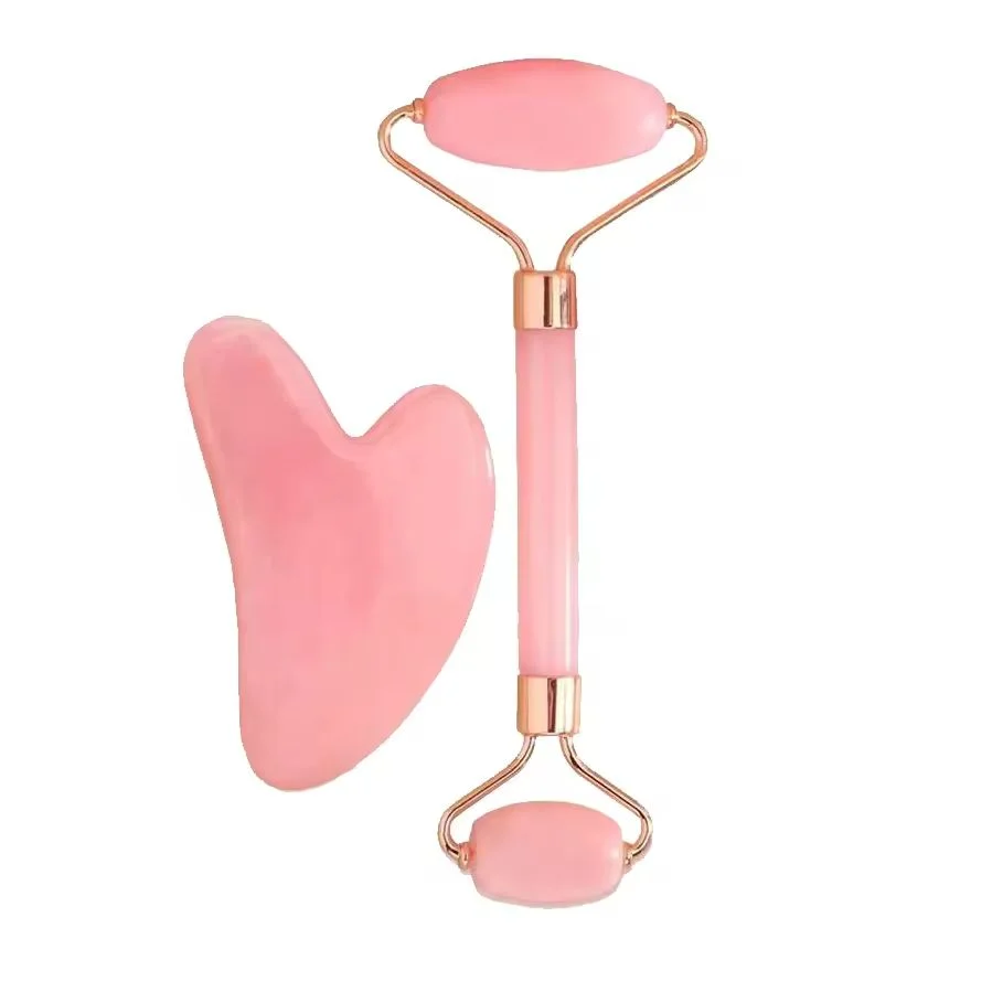 Gua Sha & Gesichtsroller Set Rosa – Roller mit zwei Köpfen und Herzform-Gua-Sha, Roségold-Griff