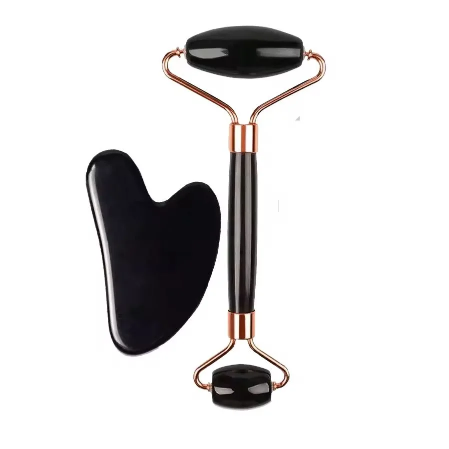 Gua Sha & Gesichtsroller Set Schwarz – Roller mit zwei Köpfen und Herzform-Gua-Sha, Roségold-Griff