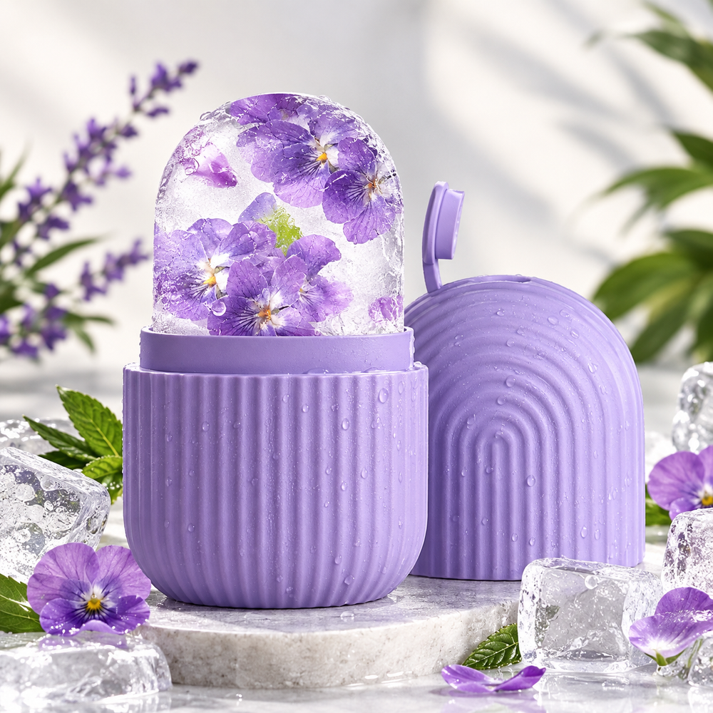 Ice Roller Gesicht aus Silikon in Lavendel mit gefrorenen Veilchenblüten – Skin Icing Eiswürfelform mit Deckel