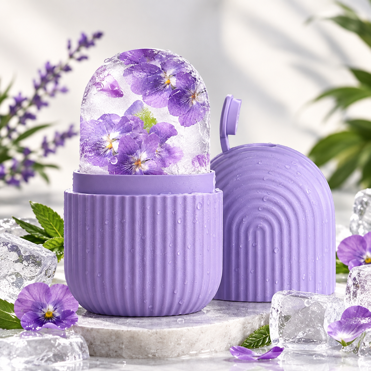 Ice Roller Gesicht aus Silikon in Lavendel mit gefrorenen Veilchenblüten – Skin Icing Eiswürfelform mit Deckel