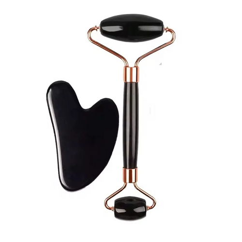Gua Sha Gesichtsroller Set in Schwarz – Massage-Duo für Gesicht, Hals und Augenpartie