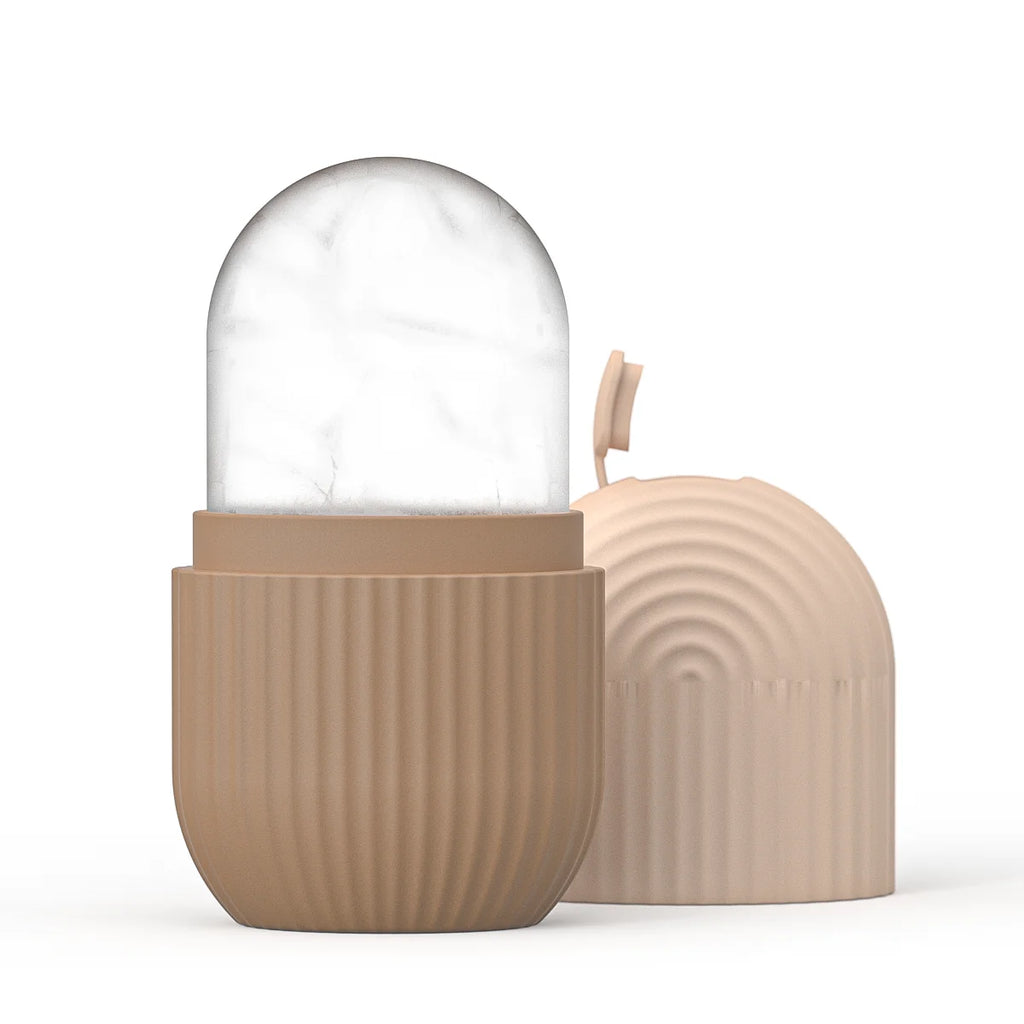 Silikon Ice Roller Gesicht in Beige – Eisroller mit Rillen-Griff, Vorder- und Rückseite